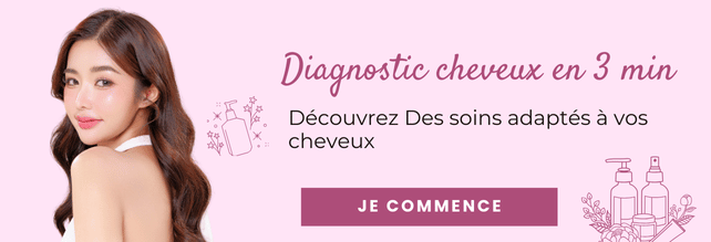 “Bannière diagnostic cheveux Sakura : analyse rapide en 3 minutes avec modèle K-Beauty à droite, cheveux brillants et sains, bouton ‘Je commence