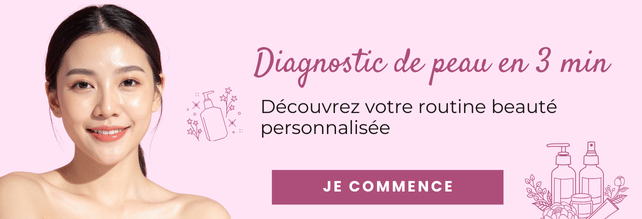 Bannière diagnostic de peau Sakura : analyse personnalisée en 3 minutes avec modèle K-Beauty à droite, peau éclatante, bouton ‘Je découvre ma peau