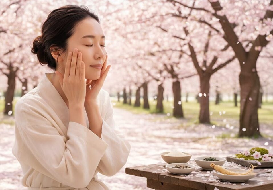 Femme asiatique dans une forêt de Sakura – inspiration cosmétiques naturels