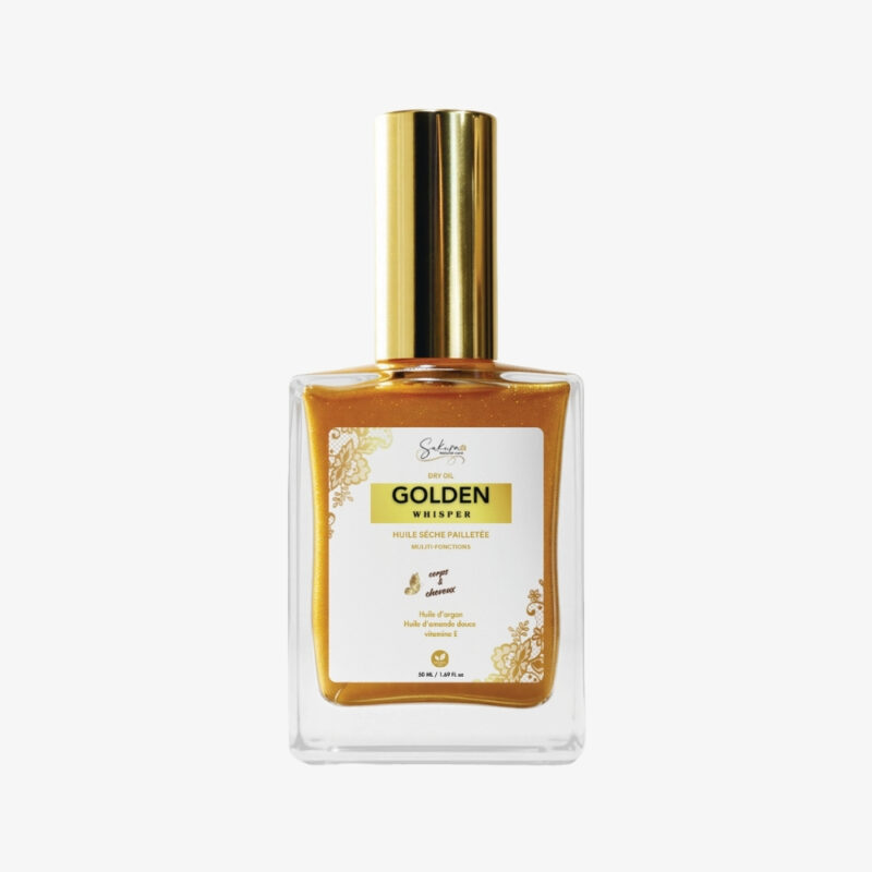 Golden Whisper – Huile Sèche Pailletée Dorée pour Corps et Cheveux – Sakura Natural Care